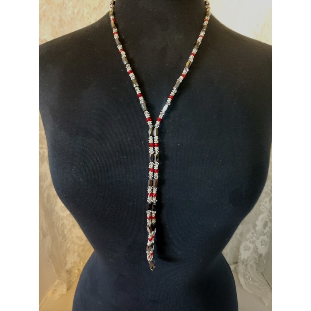 2 Black Hematite Magnetic Necklaces 1.)‎ Red & Silver 2.)Green, Orange, & Silver